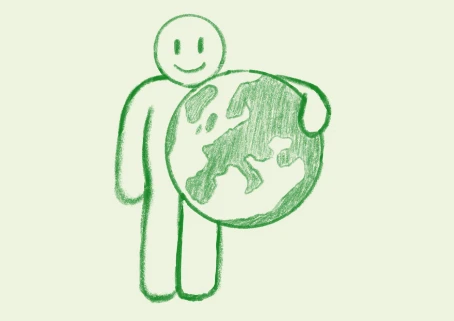 Dessin d’un personnage tenant la planète